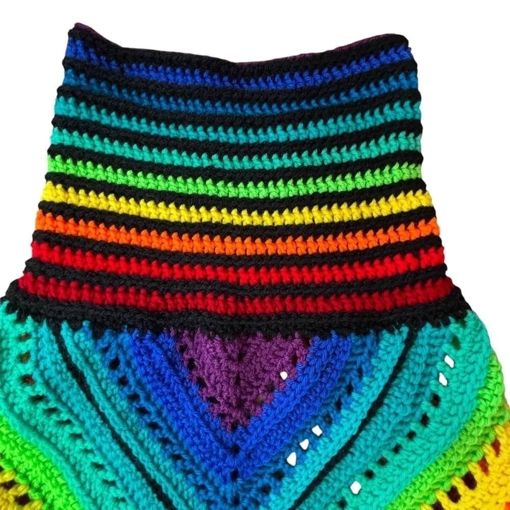 Handcrafted Crochet Cowl Neck Scarf With Fringe Rainbow Colors New Handmade Knit
